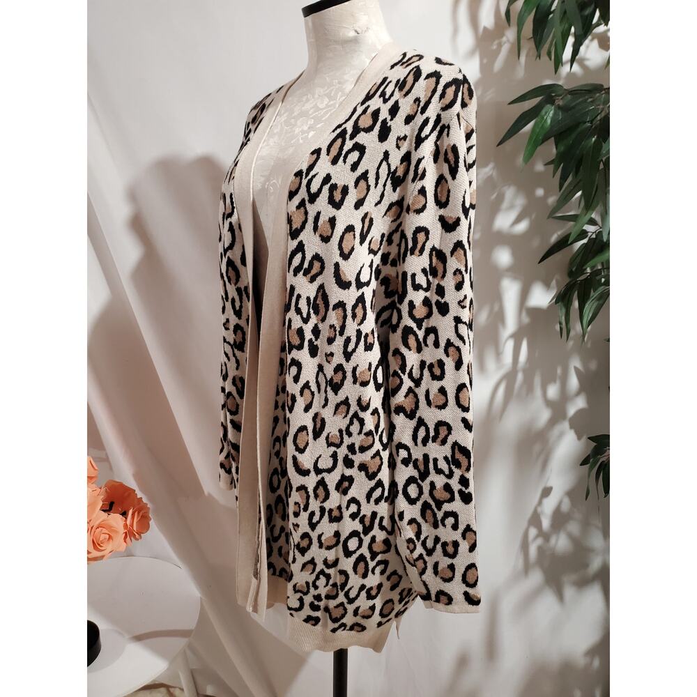 Croft & Barrow Leopard Animal Print Knit Open Cardigan Sweater Size 2X Neutral - Picture 2 of 9